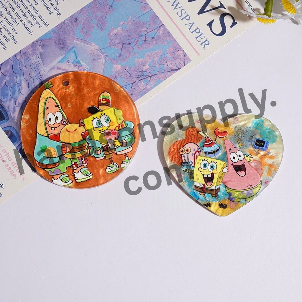 Cute Yellow Sponge & Pink Starfish Cartoon Character Acrylic for DIY Charms Pendants Craft, Assorted Shapes, Random Mix