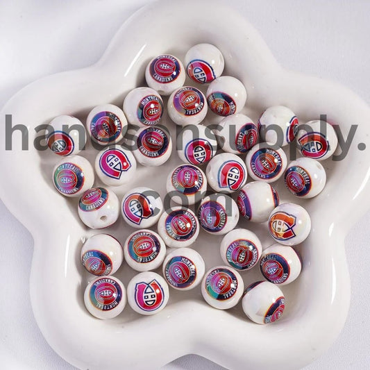 Round UV Coating Ice Hockey Team Pattern Acrylic Beads for Bracelets, 16MM
