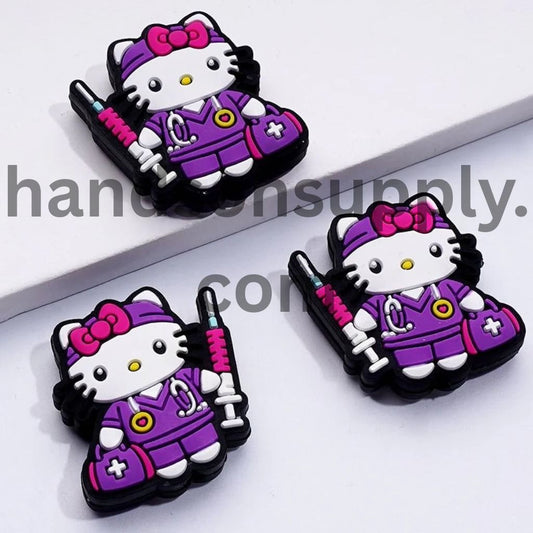 Nurse with Medicine Box Stethoscope Injection Syringe Cute Purple Cat Character Silicone Focal Beads