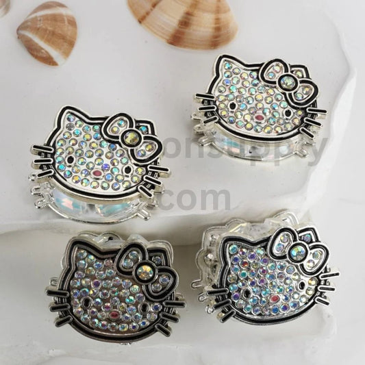 Fancy Bling Bling Silver Black Alloy HK Cat Kitten Head with AB Glittery Rhinestones Round Clay Beads, Around 32*24MM