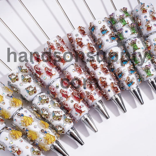 Beadable Clay Pens with White Snow Princess and Seven Gnome Elf Character, AB Rhinestones