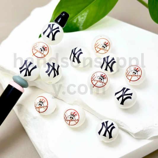New York Yankees Baseball Theme 16MM Frosted White Round Acrylic Beads Random Mix