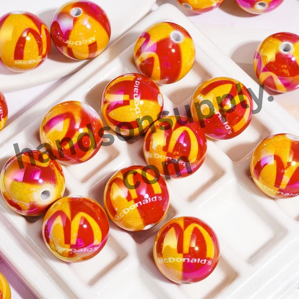 UV Coated Fast Food Theme Printed Round Acrylic Beads, Red and Yellow Burger Logo Design, 20MM