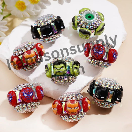 Superhero Character Handmade Acrylic Beads with Clear Rhinestone Chain & AB Crystal Spacer, 22MM, Multi Colors Random Mix