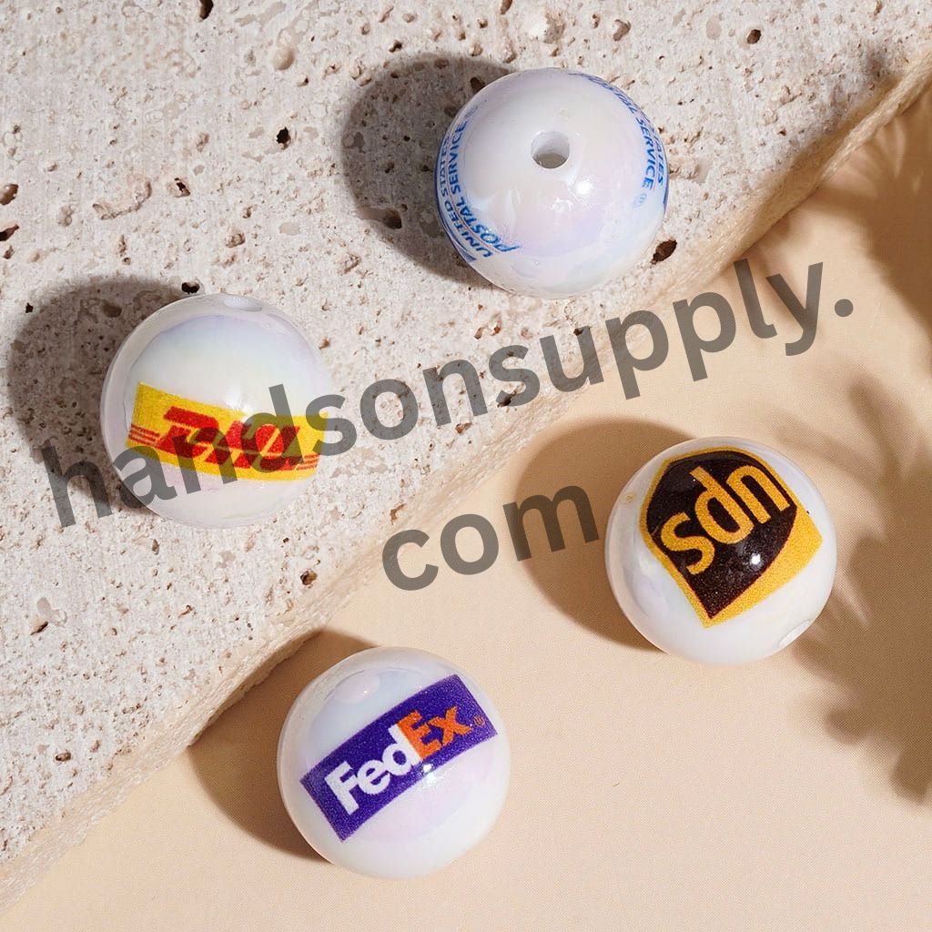 UV Coated Shipping Logistics & Express Logo Printed Round Acrylic Beads, 16MM, Random Mix