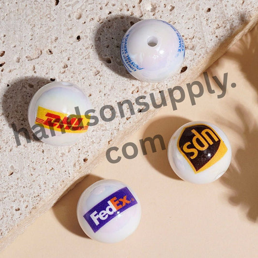 UV Coated Shipping Logistics & Express Logo Printed Round Acrylic Beads, 16MM, Random Mix