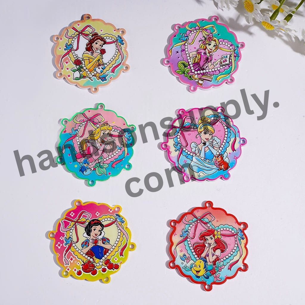 Classic Beautiful Princess Character with Wavy-Edged Flat Round Shape Acrylic Beads & Pendants, 51*51MM, Variant Designs, Random Mix