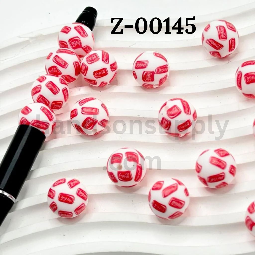 Coca Cola White Drink Can Round Printed Silicone Beads 15mm, Number Z-00145