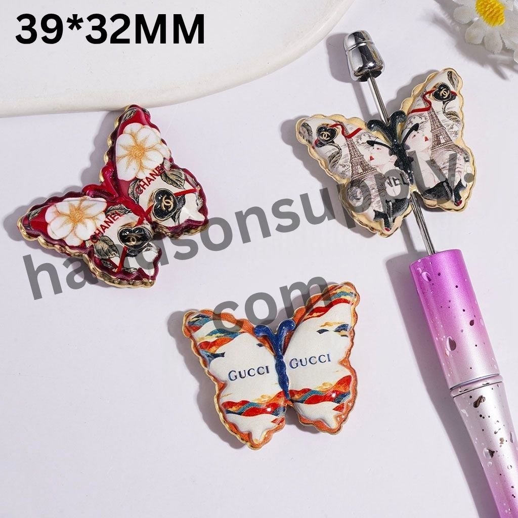 Classic France Fashion & Floral Print with Gold Border Butterfly Shaped Acrylic Beads, 39*32MM, Random Mix