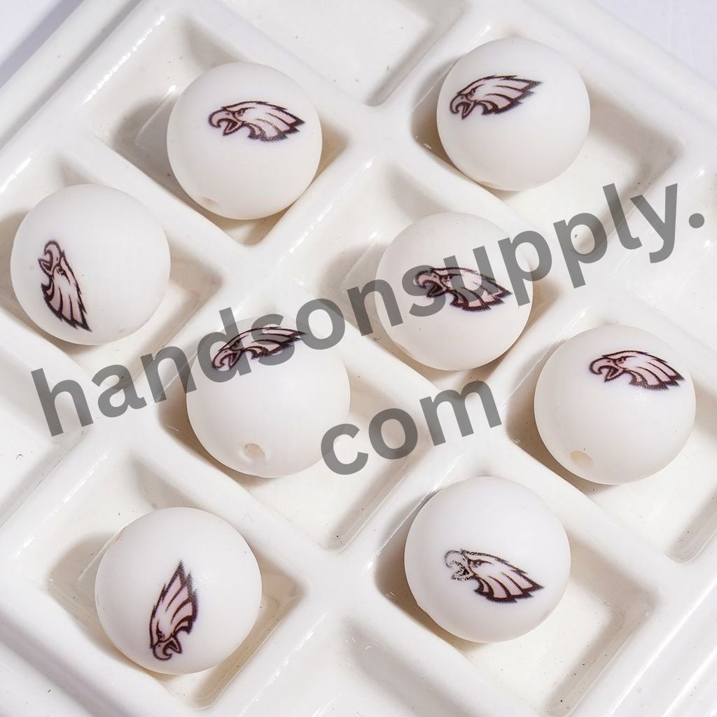 Philly American Football Team Brown Eagle Avatar Printed Round Silicone Beads For DIY Bracelets and Necklaces, 15MM