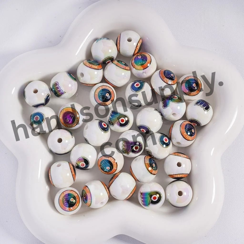 Round with UV Coating Ice Hockey Team Pattern Acrylic Beads for Bracelets, 16MM