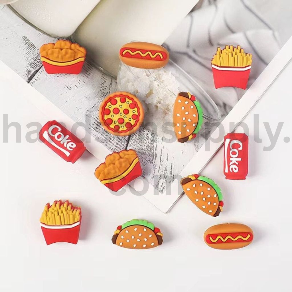 3D Fast Food Themes Hot Dog, Pizza, Coke, Cola Fun Food Charm Set Silicone Focal Beads