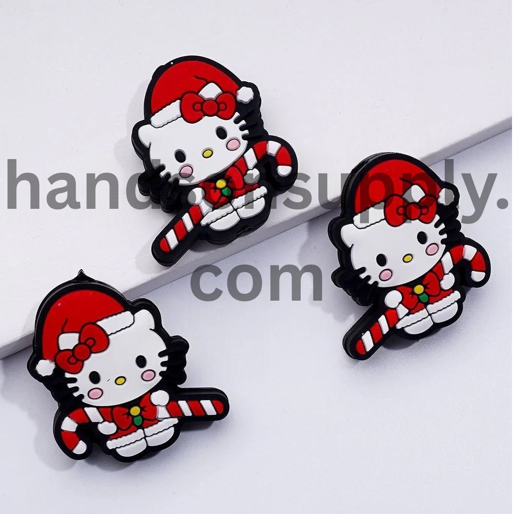 Red Christmas Hat Bowtie Candy Stick Cute Cat Character Silicone Focal Beads