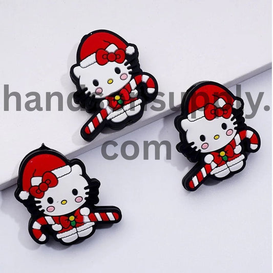 Red Christmas Hat Bowtie Candy Stick Cute Cat Character Silicone Focal Beads