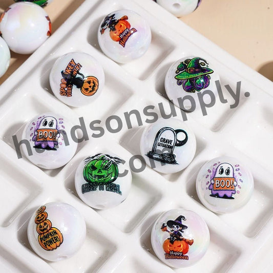 UV-Coated Cute Halloween Pumpkin, Ghost & Witch Acrylic Beads for Bracelets, 16MM, Assorted Designs, Random Mix