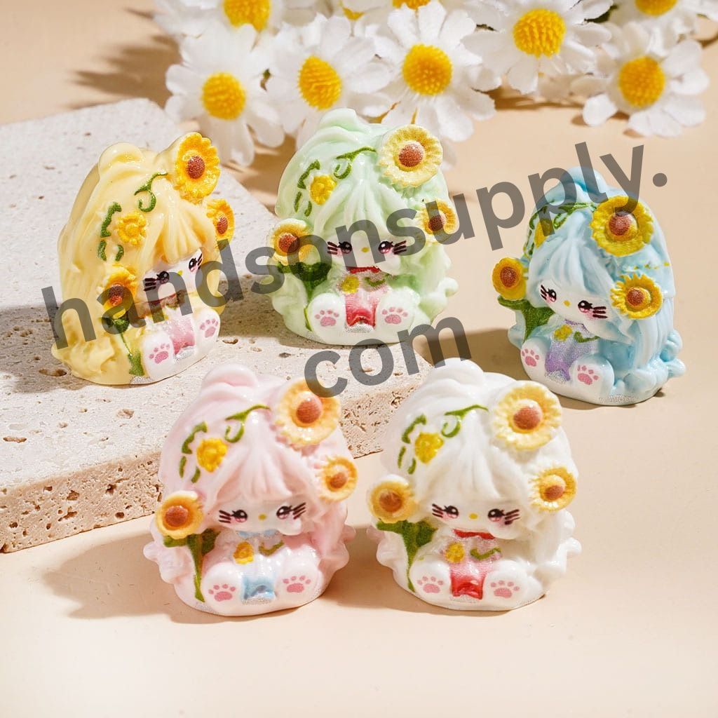 Cute Cat Character with Graceful Long Hair & Sunflower Acrylic Beads for Figurines and Pen Toppers, 26×31MM, Multi-Color Random Mix