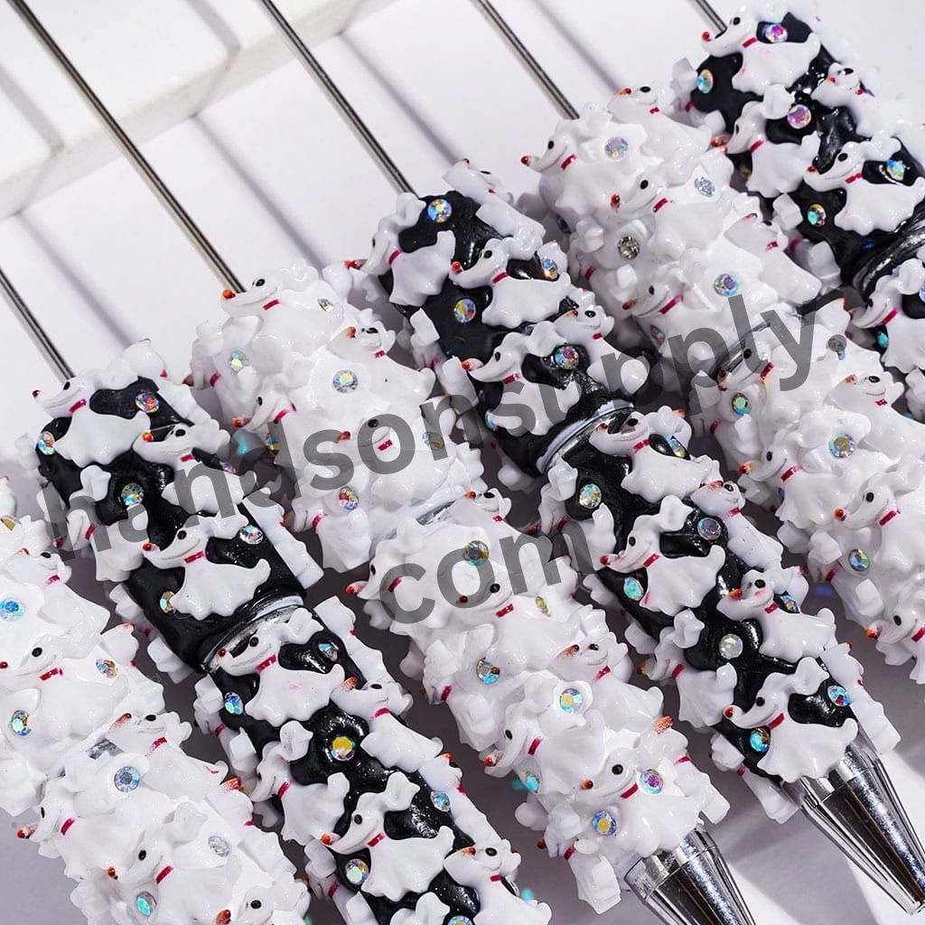 Cute White and Black Dog Halloween Beadable Clay Pens with AB Rhinestones, Multi-Color