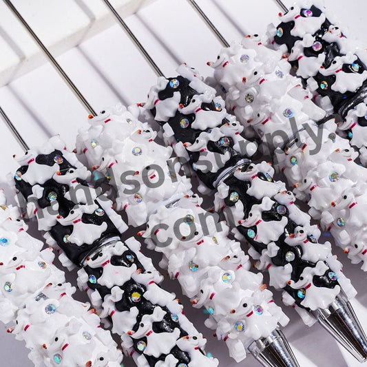 Cute White and Black Dog Halloween Beadable Clay Pens with AB Rhinestones, Multi-Color