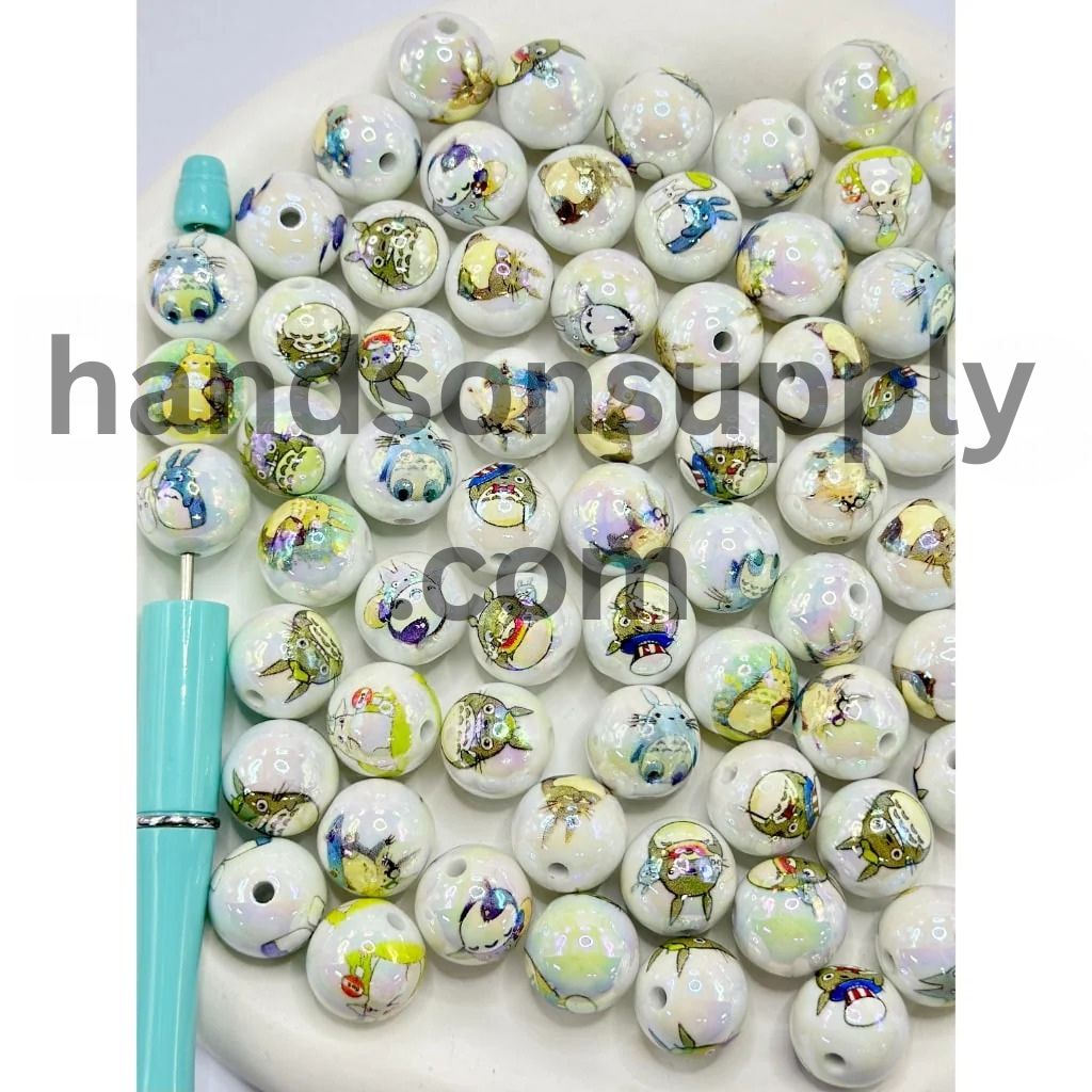 Cute Totor Japanese Anime White Round UV Coating Acrylic Beads, Random Mix, 16MM