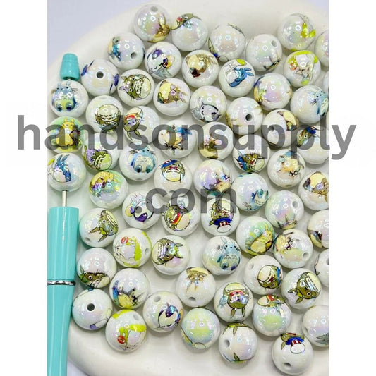 Cute Totor Japanese Anime White Round UV Coating Acrylic Beads, Random Mix, 16MM