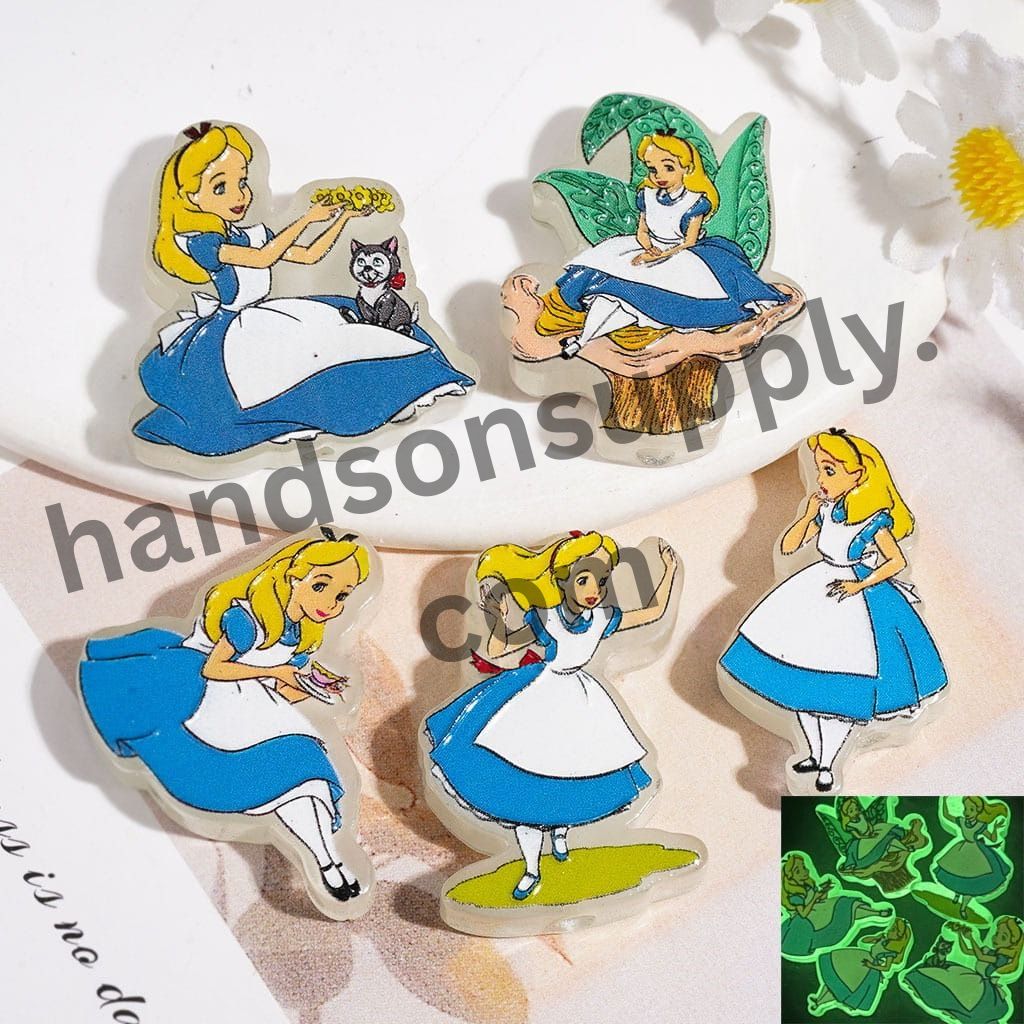 Luminous Cute Blonde Girl in Blue Dress Fantasy World Series Cartoon Character Acrylic Beads, Random Mix