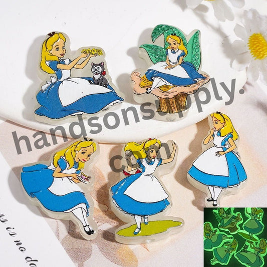 Luminous Cute Blonde Girl in Blue Dress Fantasy World Series Cartoon Character Acrylic Beads, Random Mix