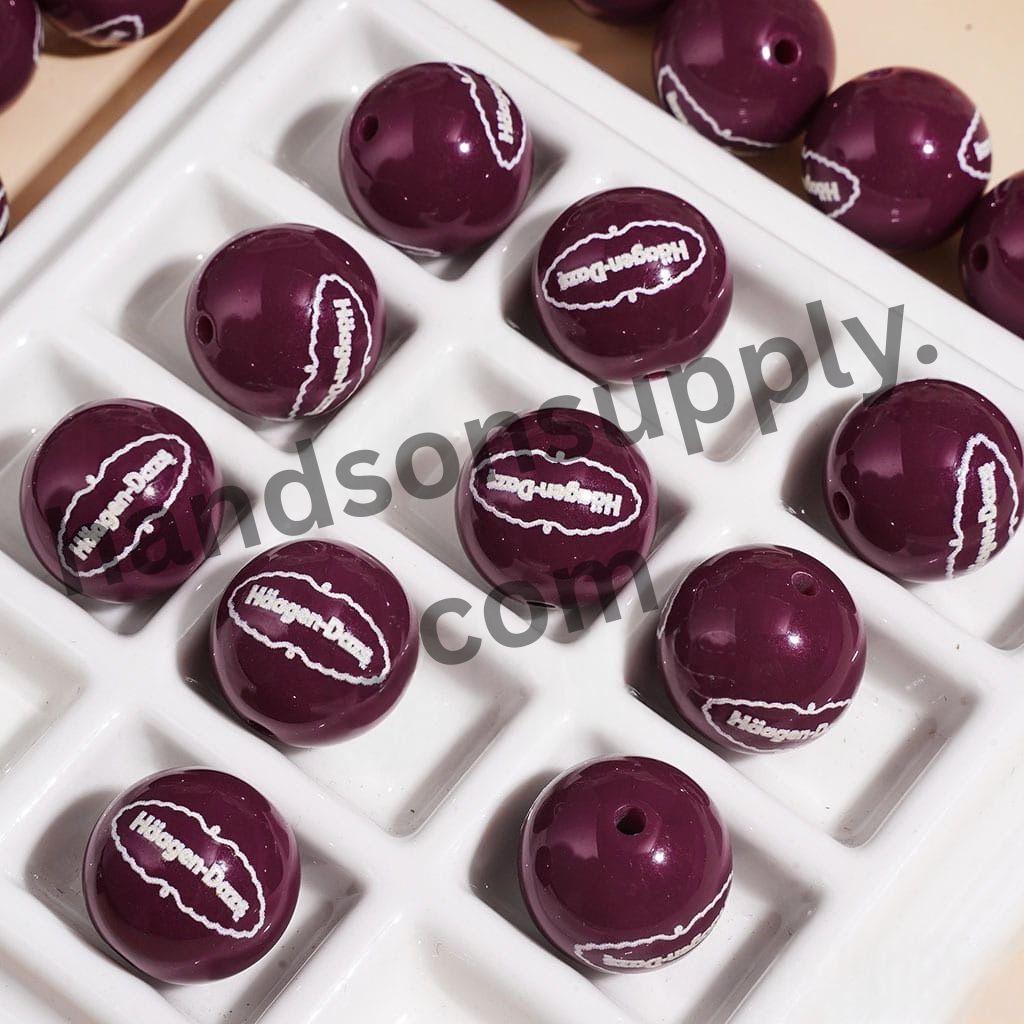 Ice Cream Text Label & Logo Printed Purple Red Acrylic Beads for Bracelets, 16MM, Random Mix