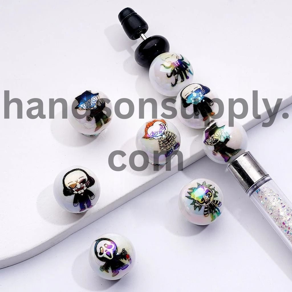 White Round UV Coating Haunted Series Acrylic Beads, 16MM, Random Mix