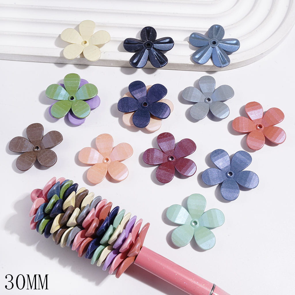 UV-Coated Adorable Five-Petaled Flower Design Acrylic Spacer Beads, 30MM, Multicolor, Random Mix