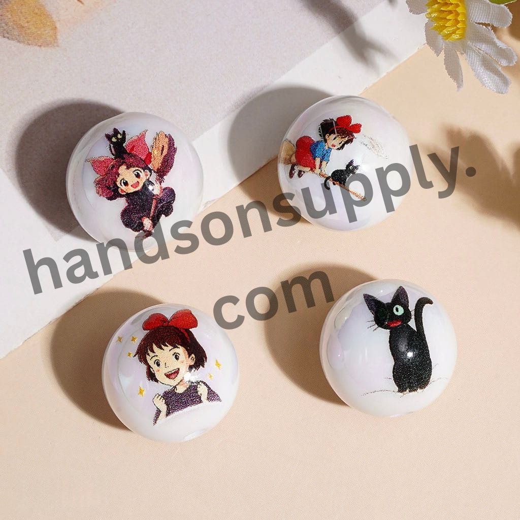 UV Coated Magical Girl & Black Cat Character Printed Round Acrylic Beads for Bracelets, 16MM, Assorted Designs, Random Mix