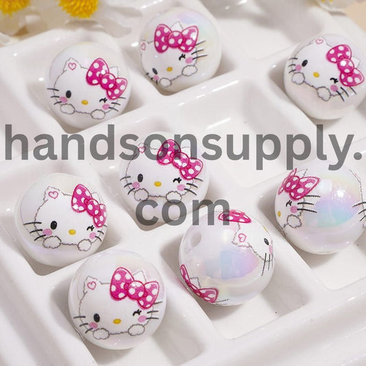 UV Coated Cute Cat Character & Pink Bowtie Prints Round Acrylic Beads 16MM Random Mix