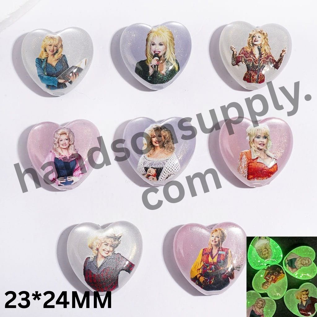 Luminous Heart-Shaped with American Countryside Singer Character Portrait & Glitter Acrylic Beads, 23*24MM, Multi-Color Random Mix