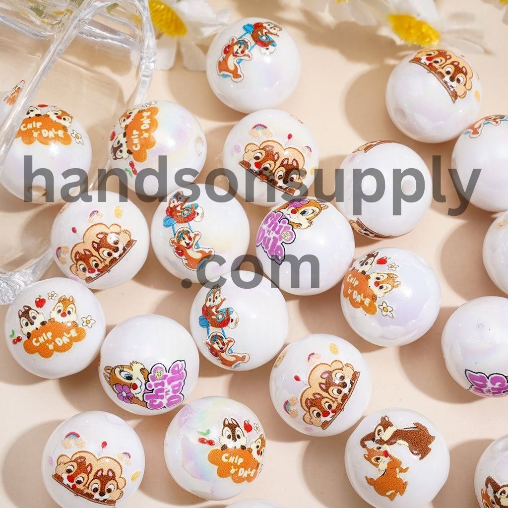 Adorable Brother Chipmunk Cartoon Character Series Glossy UV Coated Printed Round Acrylic Beads for Bracelets, 16MM, Random Mix