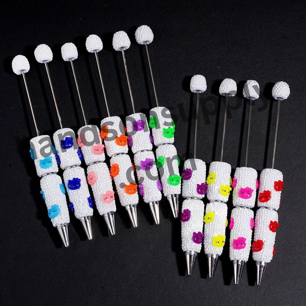 Cute Cat Character Face Beadable Clay Pen Neon Colors, White Background, Various Colors Random Mix