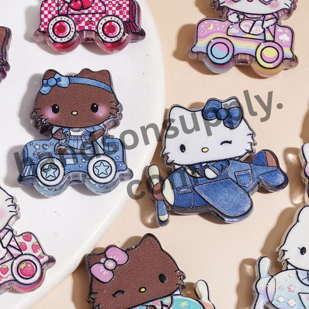 Cute Cat Character Driving Plane & Car Semi-Clear Acrylic Beads, Variant Designs, Multi-Color Random Mix