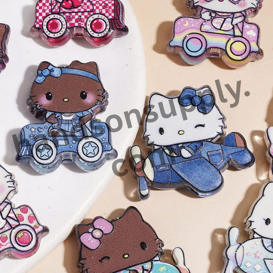 Cute Cat Character Driving Plane & Car Semi-Clear Acrylic Beads, Variant Designs, Multi-Color Random Mix