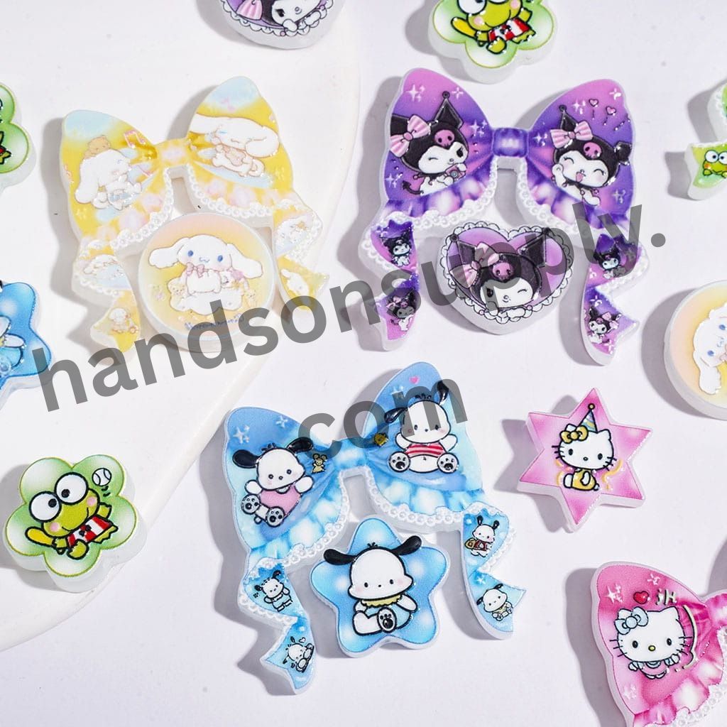 Cute Adorable Character Series Printed Bow Bow & Star Ornament, Acrylic Beads Random Mix (Please Read Description)