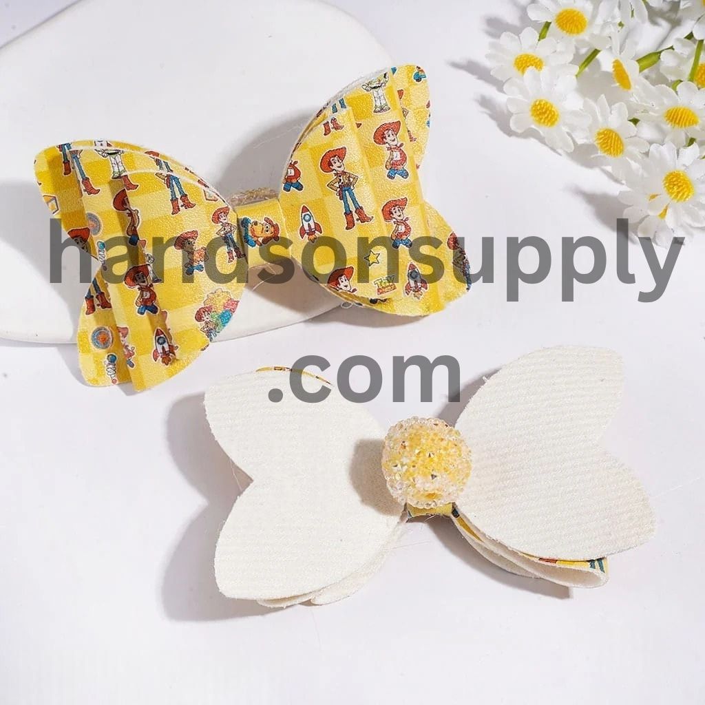 Playful Toy Adventure Character Three-Layer Fabric Bowtie with Sparkling Cone-Shaped AB Rhinestones, Clear Pearl Loop & Sugar Beads, Multicolor Random Mix