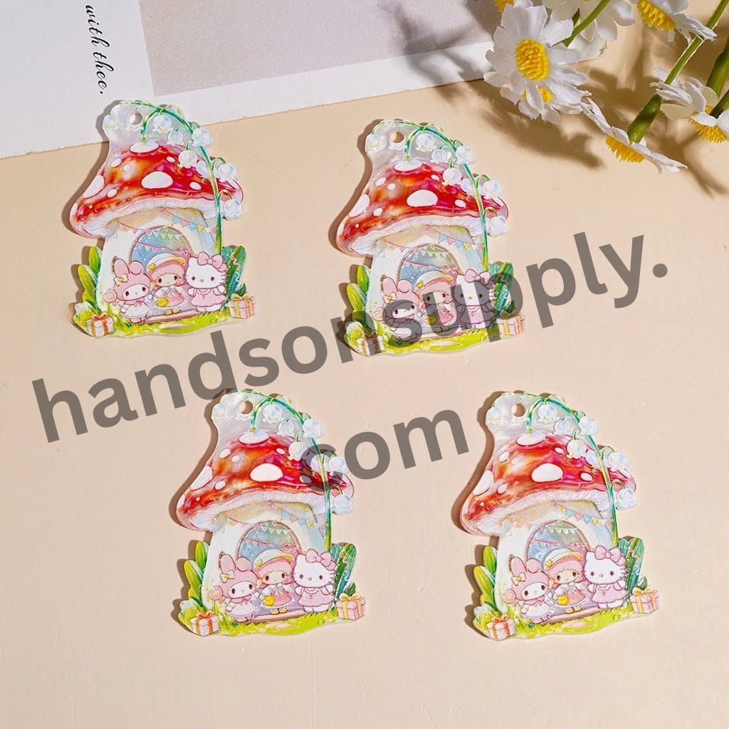 Cute Mushroom House Acrylic Pendant with Three Adorable Characters, Green Plants & Gift Box, 47*38MM