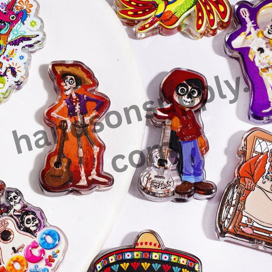 Day of the Dead Cartoon Character Series Acrylic Beads, Sugar Skull, Marigold Flower, & Guitar Theme, Assorted Shapes, Random Mix
