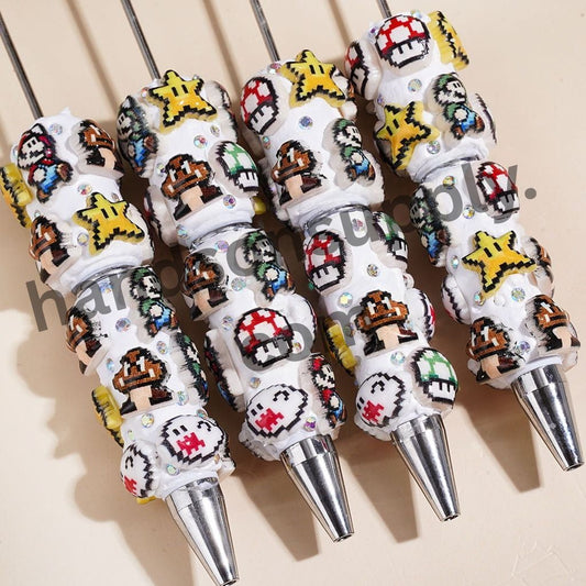 Mushroom, Star & Ghost Plumber Character Series Beadable Clay Pens with AB Rhinestones, Random Mix