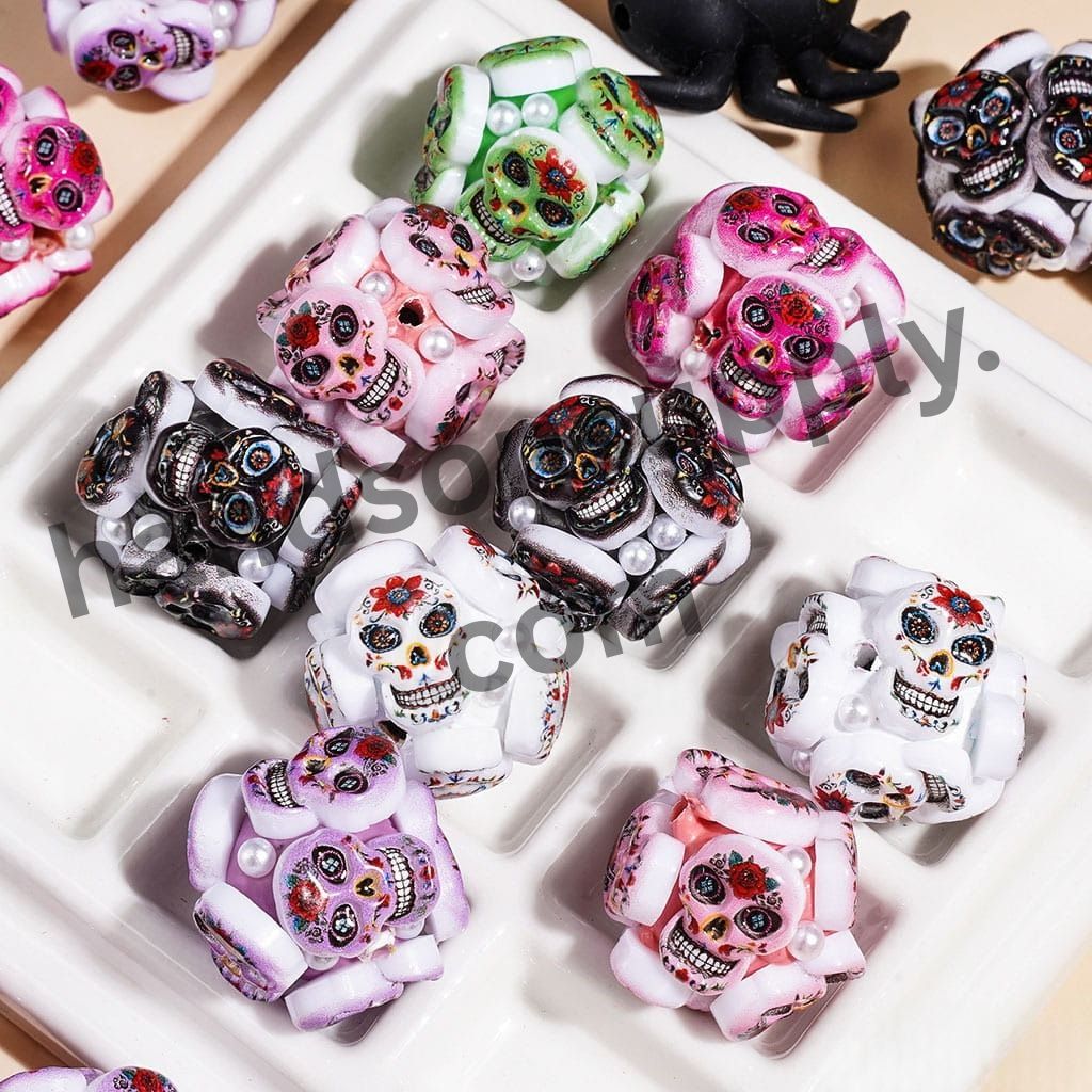 Day of the Dead Skeleton Skull Theme Clay Beads with White Pearl, 20MM Multi-Color Random Mix