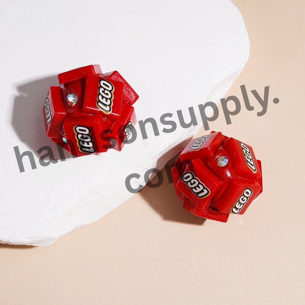 Red Building Block Bricks Pattern Inspired Round Barrel Shape Clay Beads with AB Rhinestones, 20MM