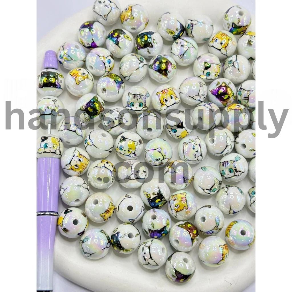 UV Coating Little Cat Print White Round Acrylic Beads, Random Mix, 16MM