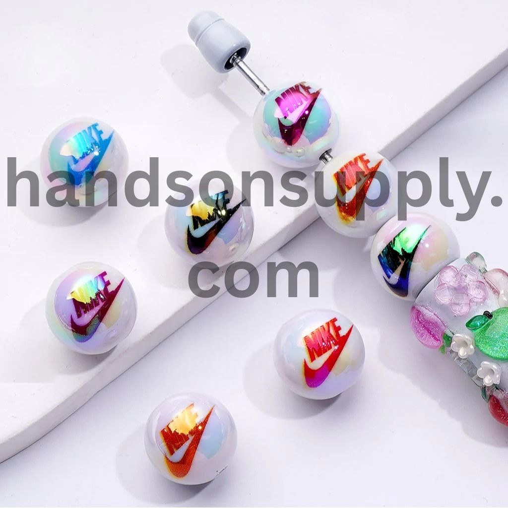 Round Nik Sports Brand White UV Coating Acrylic Beads, 16MM, Random Mix
