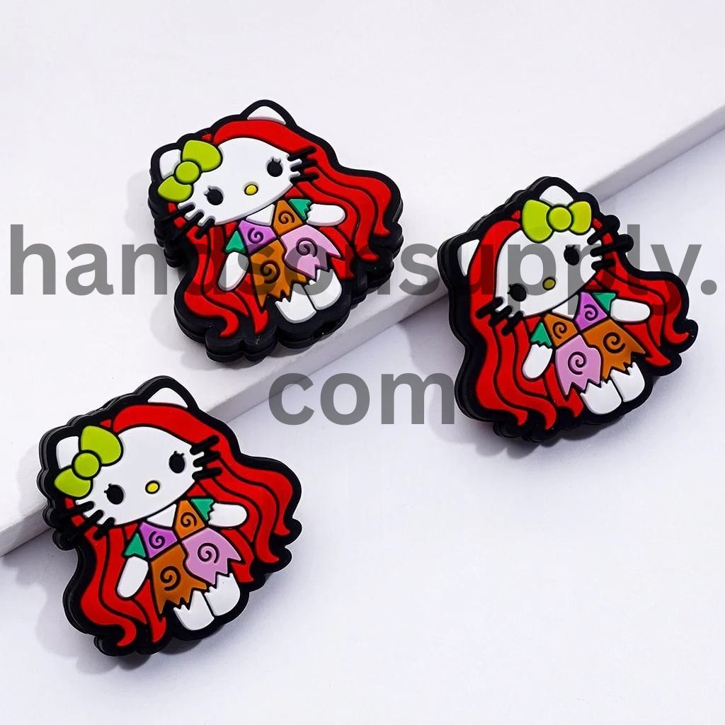 Colorful Dress Cute Cat Character with Long Red Hair Green Bowtie Silicone Focal Beads