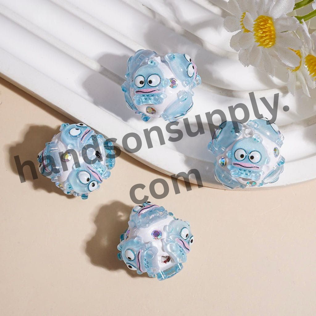 Cute Ugly Fish Character Blue Series, Clay Beads with AB Rhinestones, 17MM