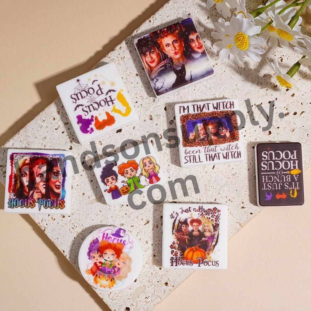 Halloween Witch & Hocus Pocus Spooky Sisters Character Printed Silicone Focal Beads, Assorted Designs, Random Mix