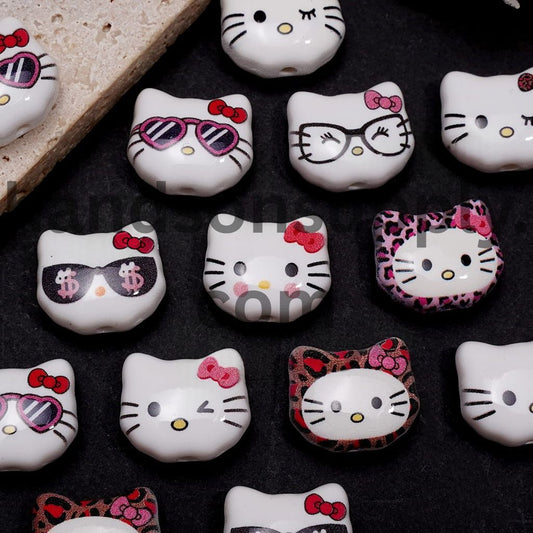 Cute Cat Character Head Shape Design in Various Styles Acrylic Beads, 16*14MM, Random Mix