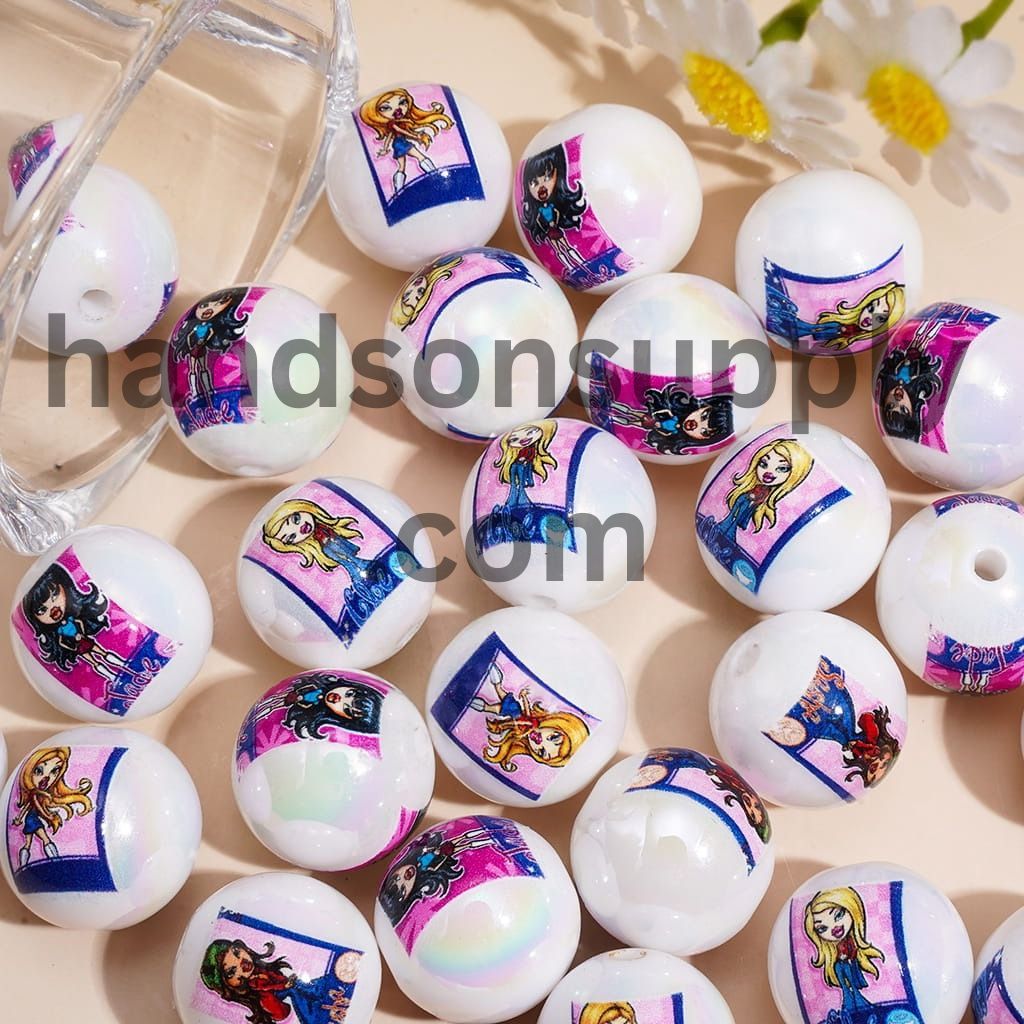 UV-Coated Gothic Style Fashion Doll Character Series Printed Round Acrylic Beads for Bracelets, 16MM, Random Mix